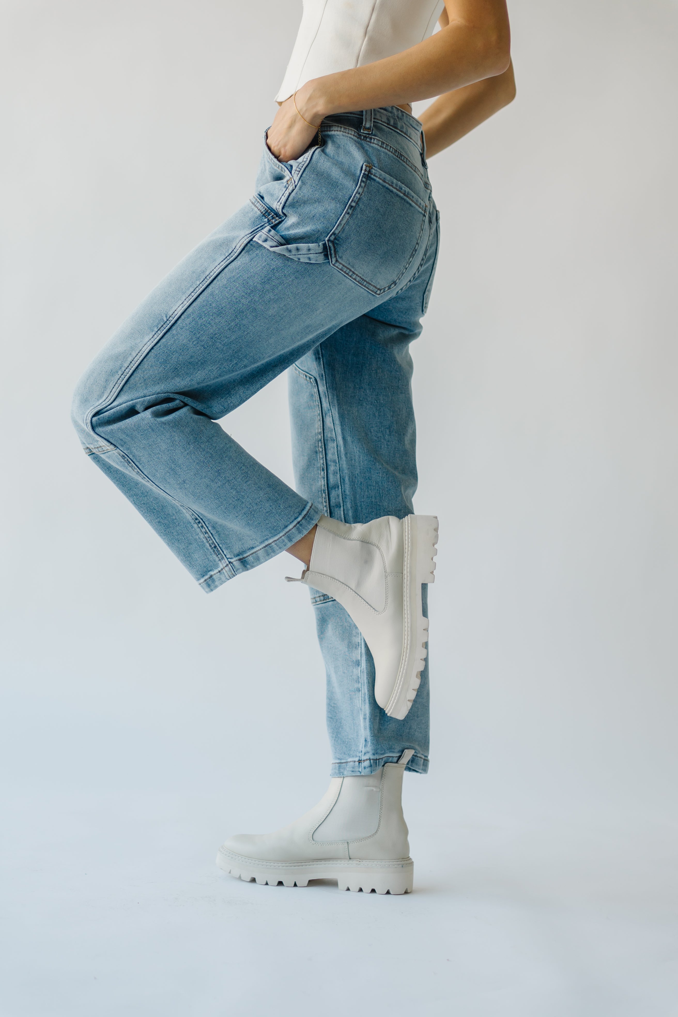 Loria light blue straight leg carpenter jeans.