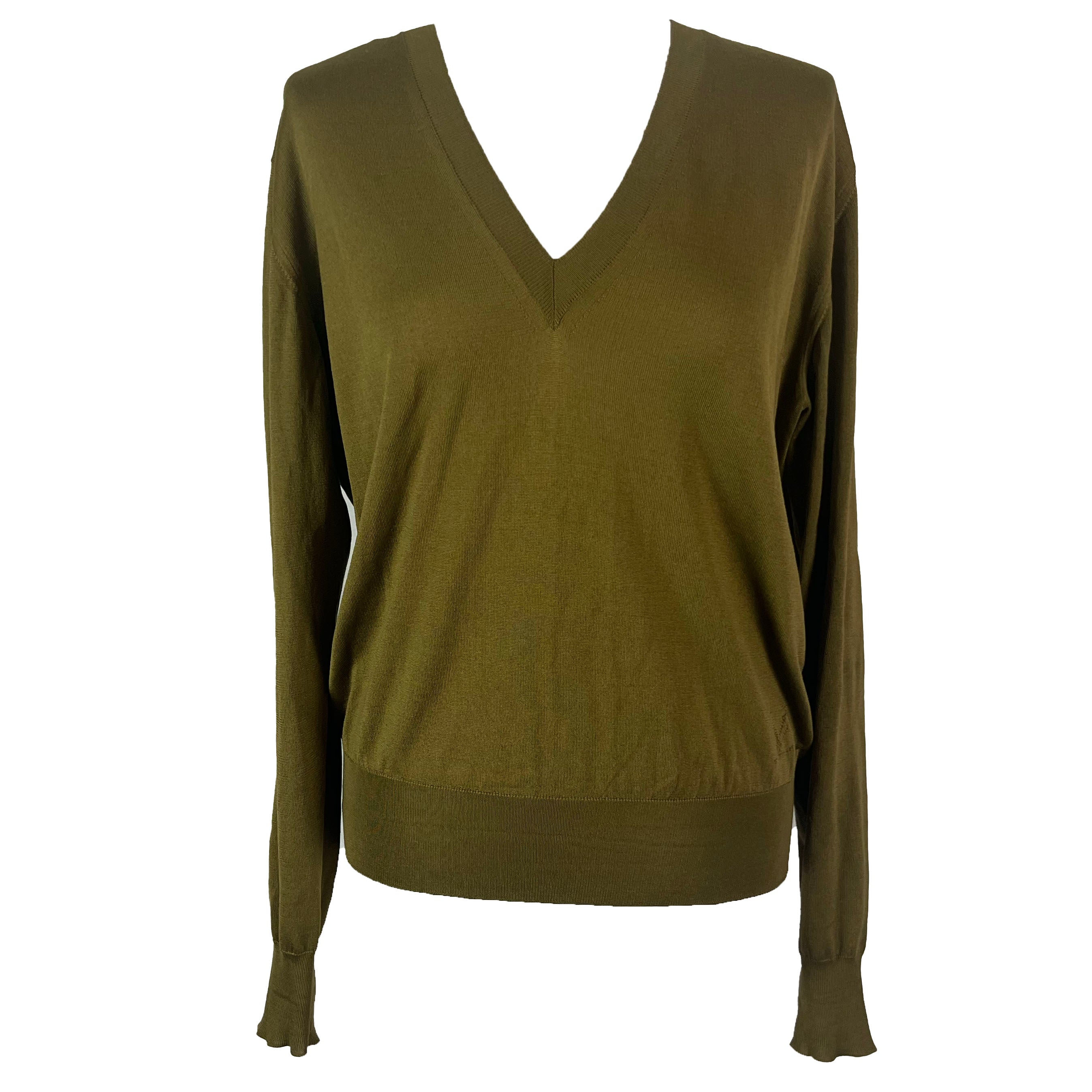 Louis Vuitton Moss Green Silk Knit V Neck Sweater Size Small