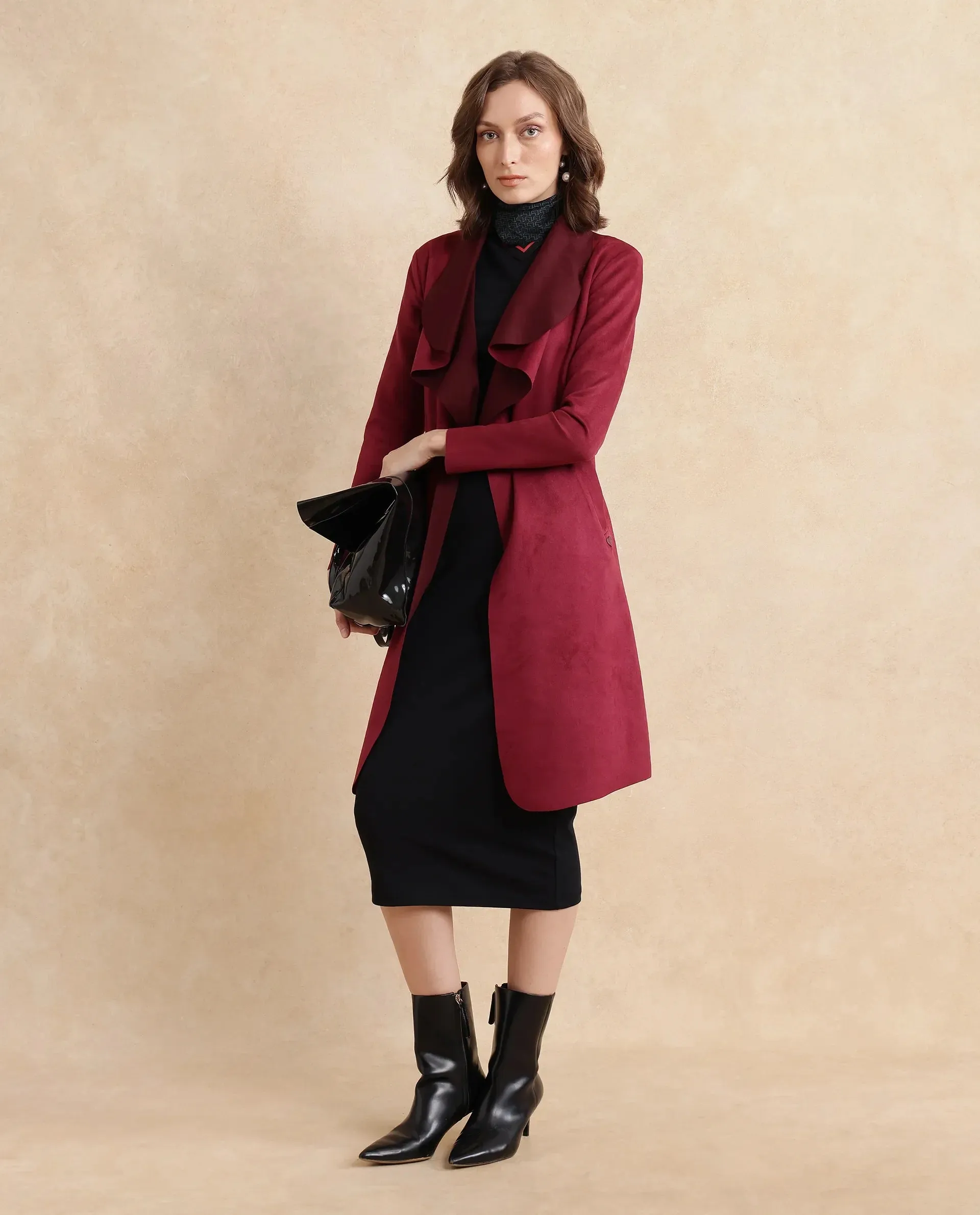 Maroon Suede Palmer 2 Women Waterfall Neck Boxy Fit Midi Jacket