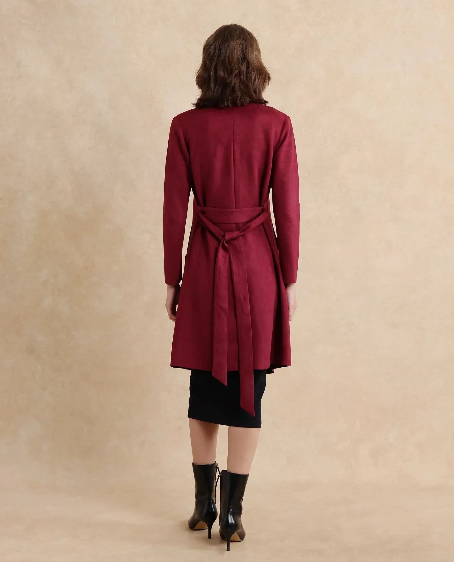 Maroon Suede Palmer 2 Women Waterfall Neck Boxy Fit Midi Jacket