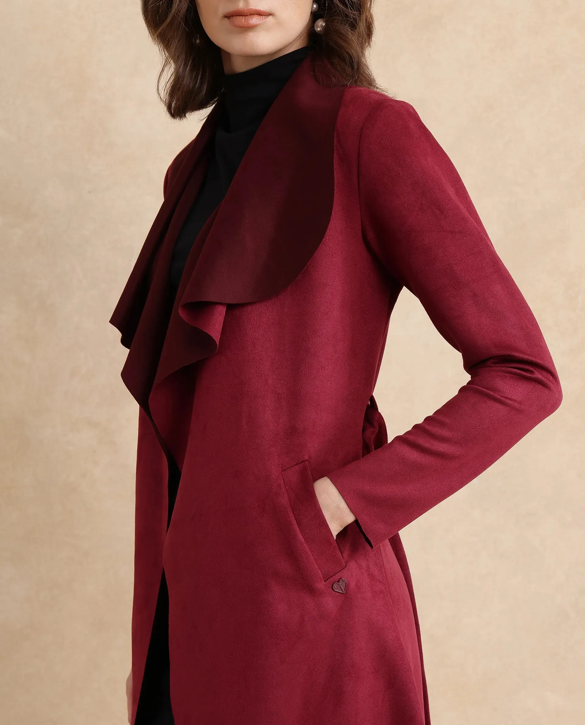 Maroon Suede Palmer 2 Women Waterfall Neck Boxy Fit Midi Jacket