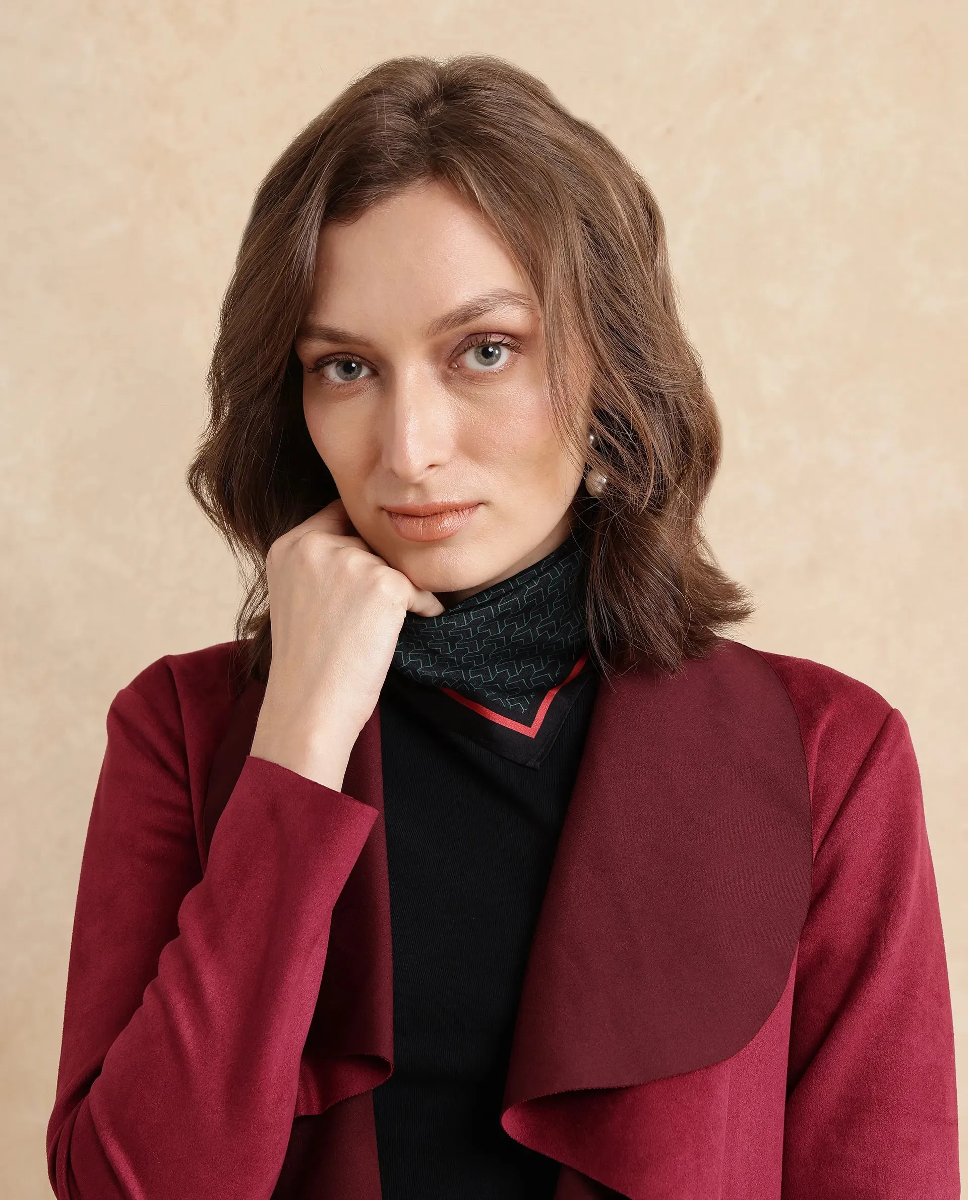 Maroon Suede Palmer 2 Women Waterfall Neck Boxy Fit Midi Jacket