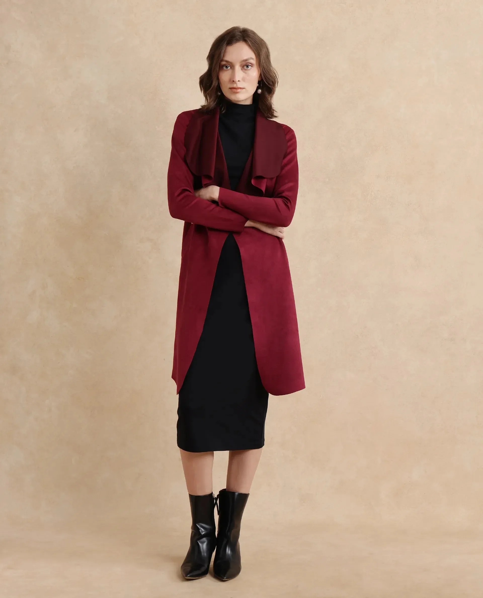 Maroon Suede Palmer 2 Women Waterfall Neck Boxy Fit Midi Jacket