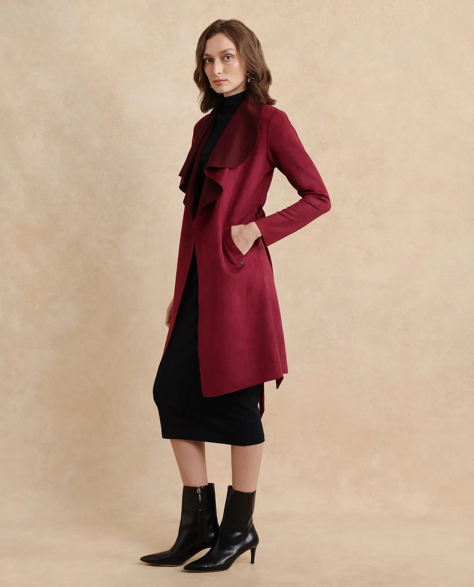 Maroon Suede Palmer 2 Women Waterfall Neck Boxy Fit Midi Jacket