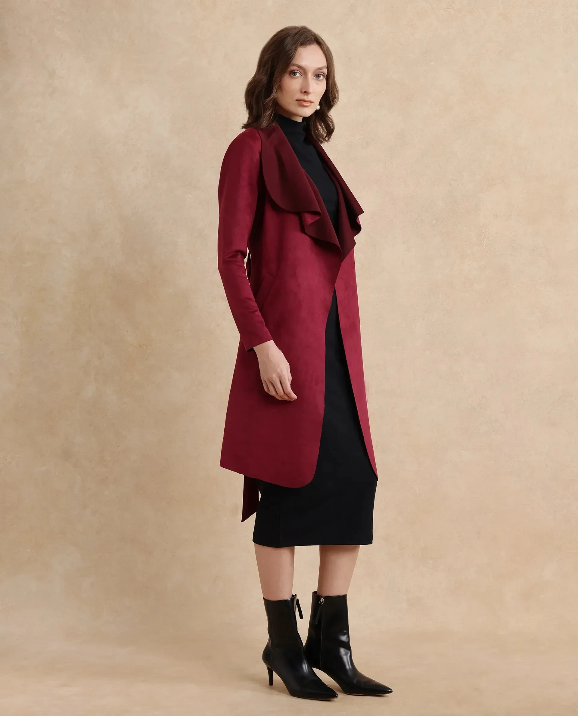 Maroon Suede Palmer 2 Women Waterfall Neck Boxy Fit Midi Jacket