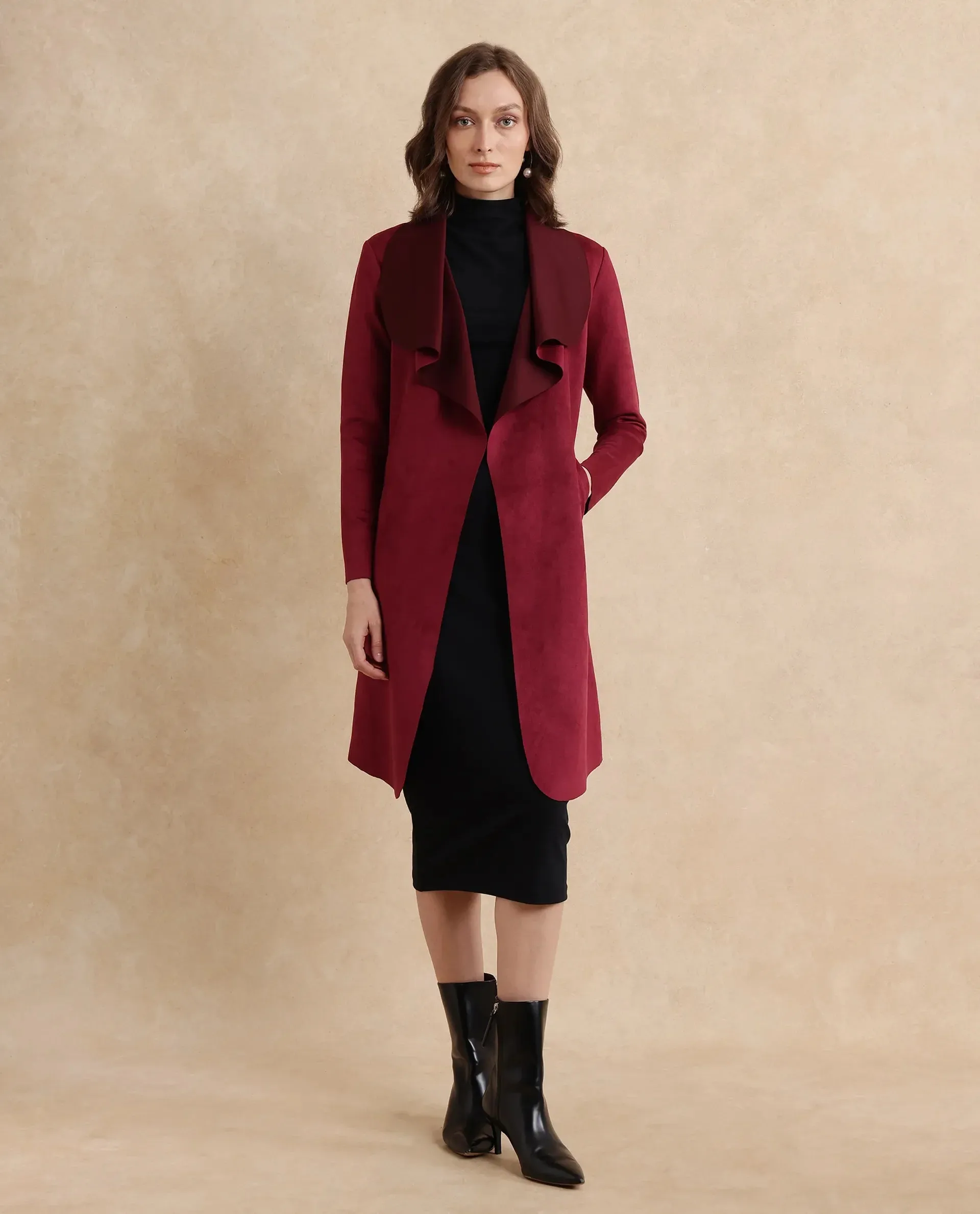 Maroon Suede Palmer 2 Women Waterfall Neck Boxy Fit Midi Jacket