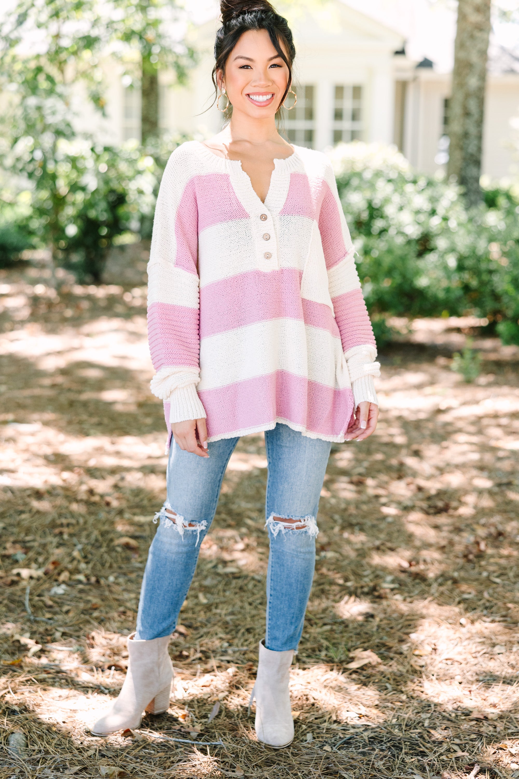 Mauve Pink Striped Sweater - Best Day Ever