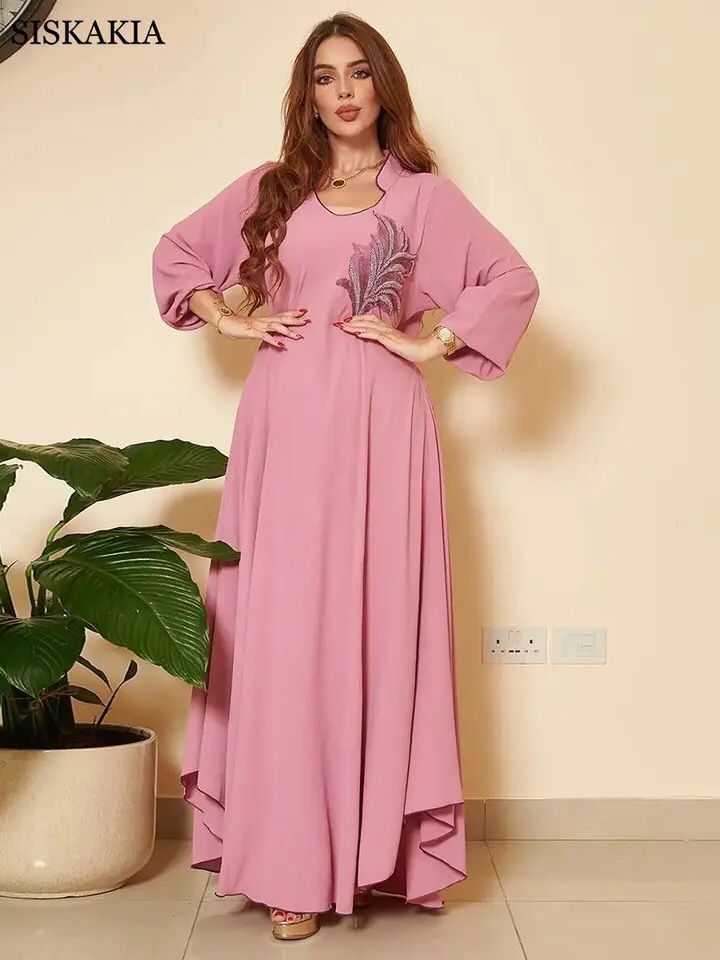 Maxi Dress Women Fashion Crew Neck Pleated Robe Appliques Asymmetric Hem Casual Loose Ladies Dresses Ramadan