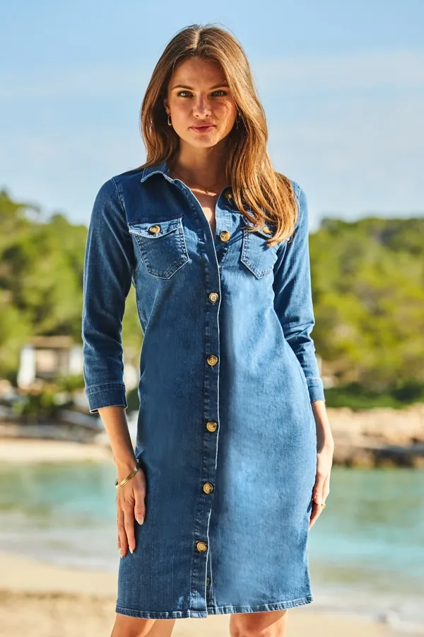 Blue Denim Button Front Shift Dress