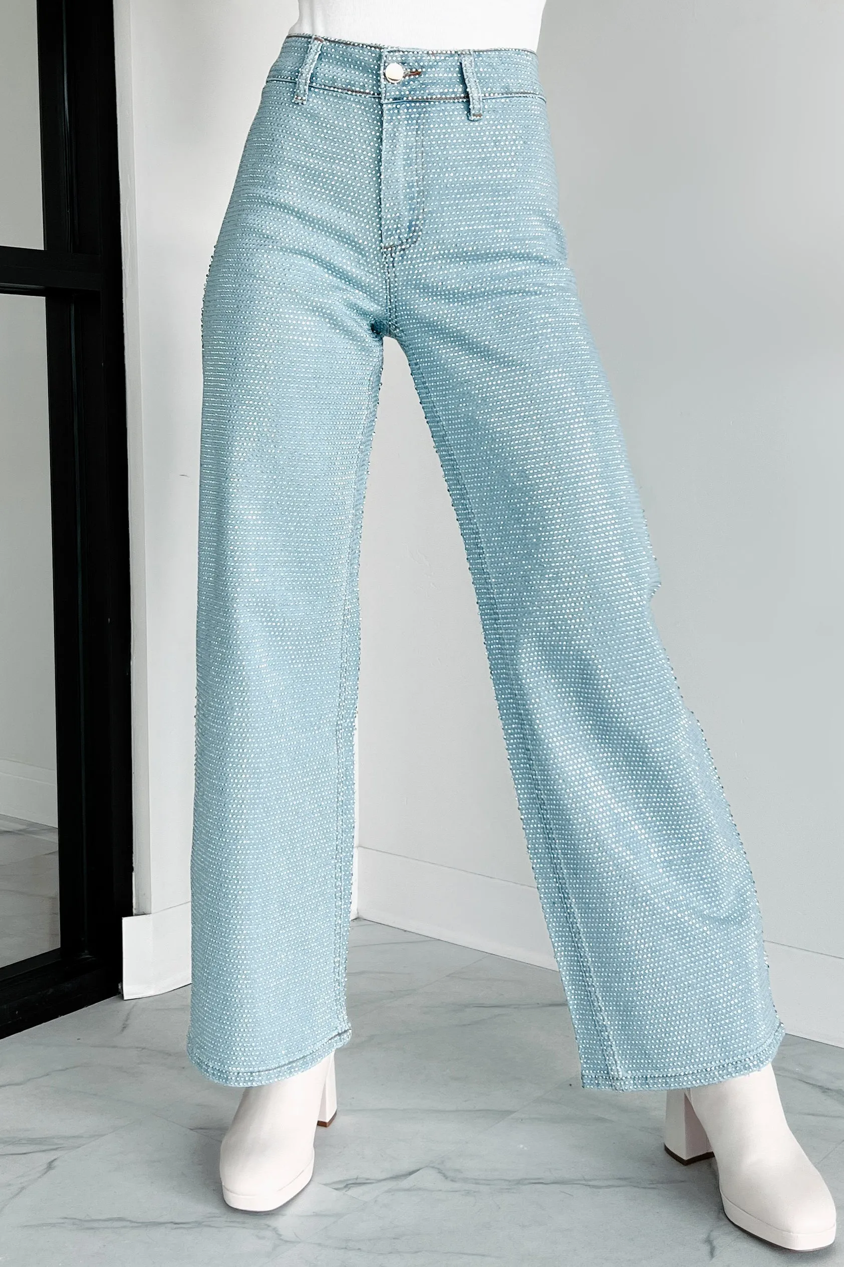 Mina High Rise Rhinestone Studded Straight Leg Jeans (Blue Wash)