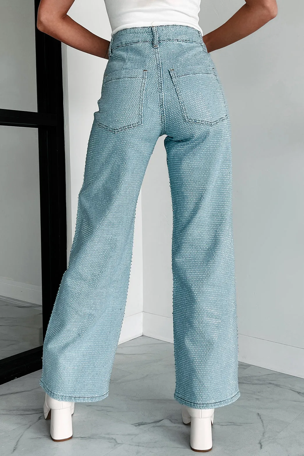 Mina High Rise Rhinestone Studded Straight Leg Jeans (Blue Wash)