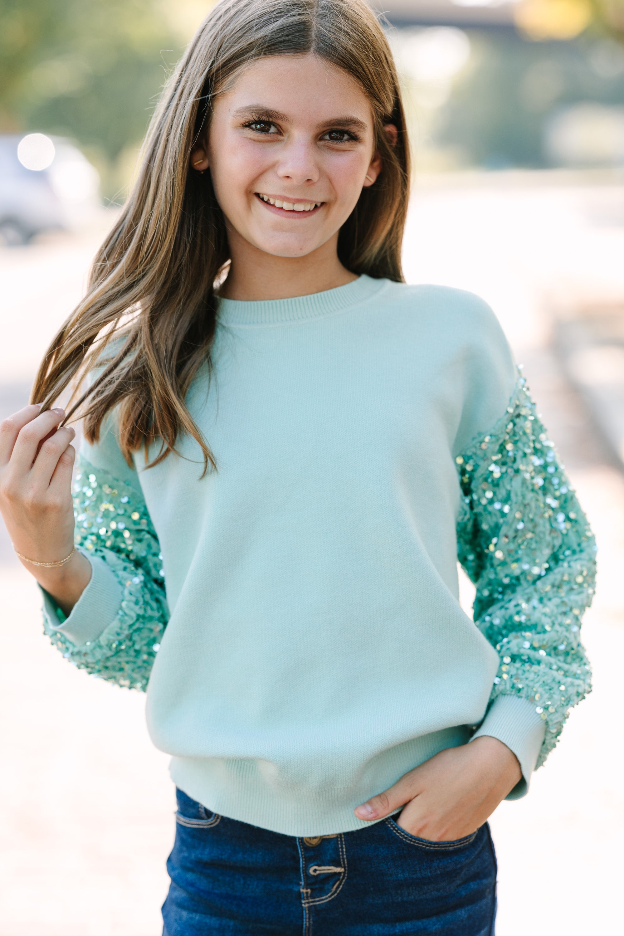 Mint Green Sequin Sweater for Girls