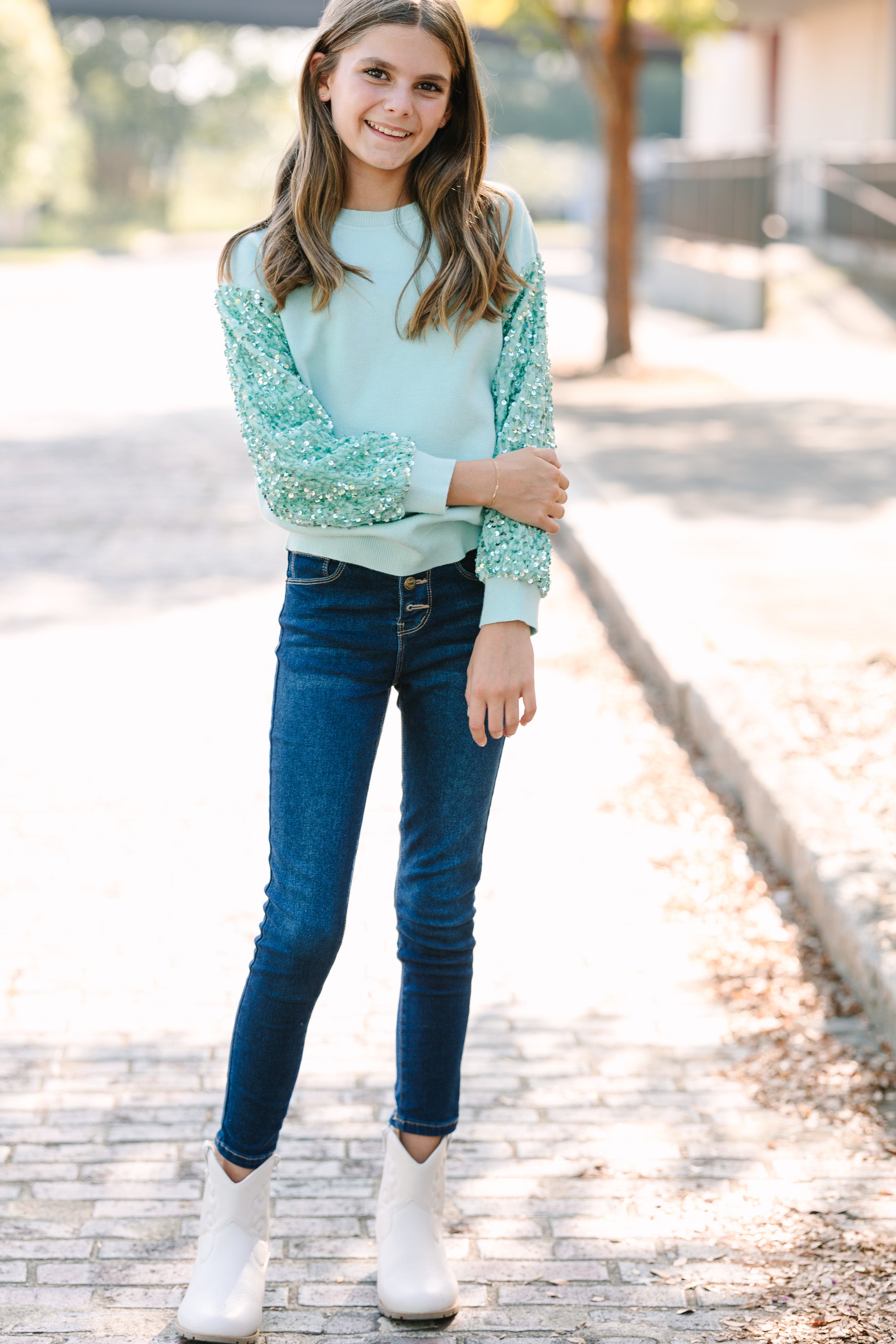 Mint Green Sequin Sweater for Girls