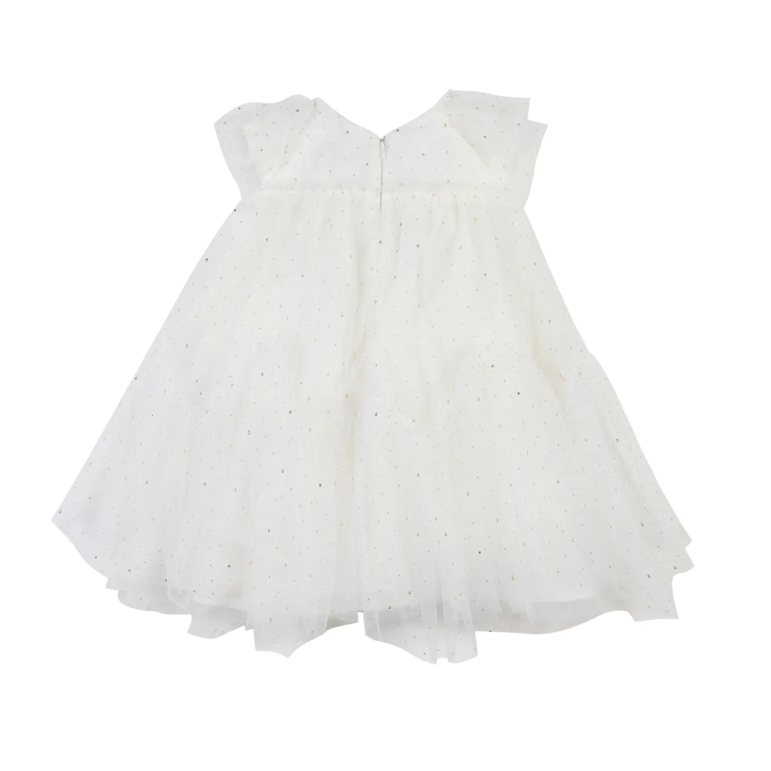 Monnalisa White and Gold Tulle Dress with Spire Ruffles