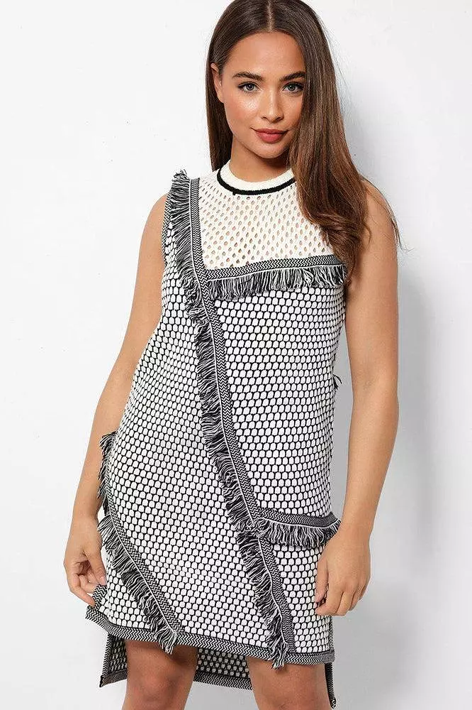 Monochrome Knit Shift Dress with Perforated and Fringed Details