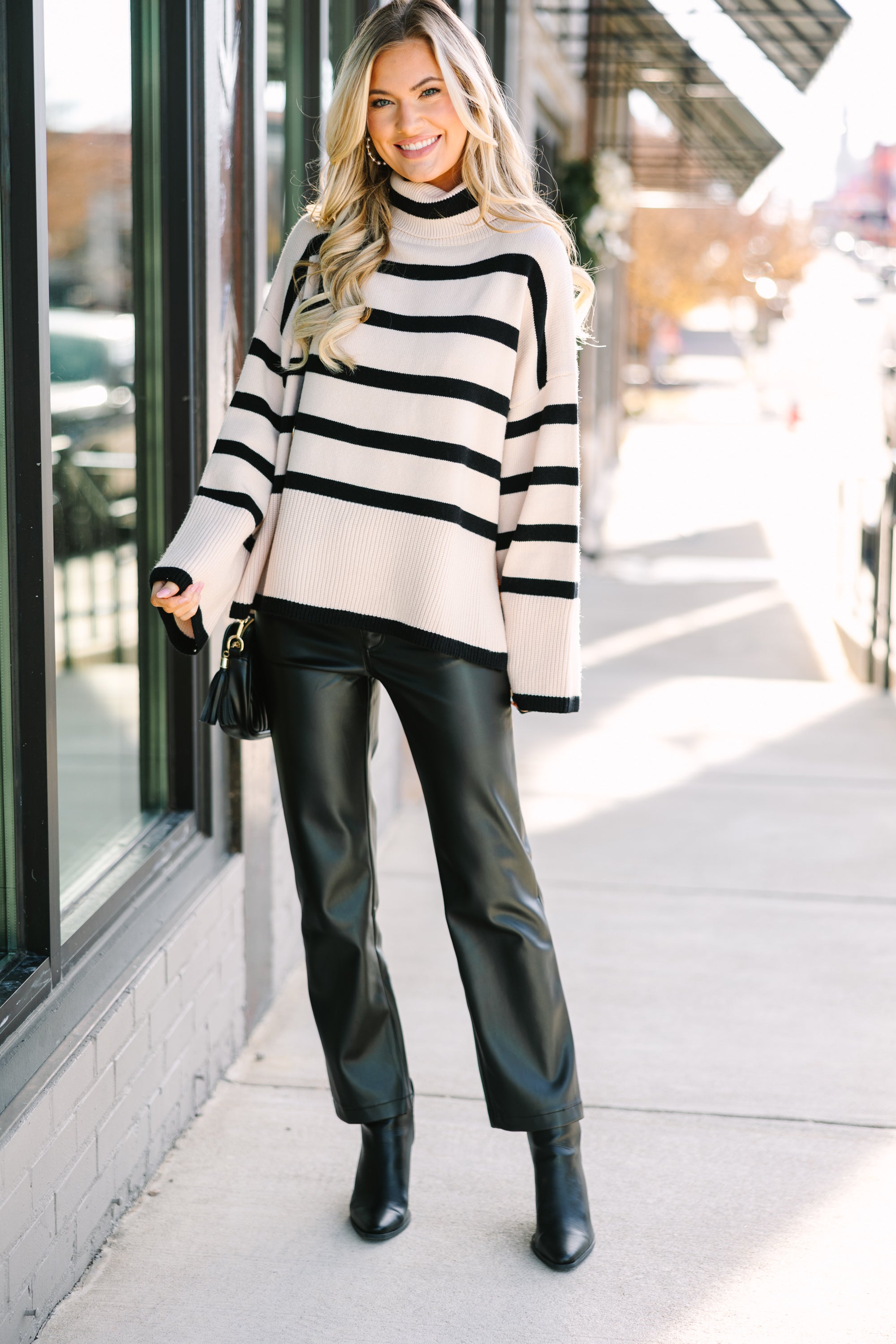 Natural Striped Turtleneck Sweater - Enjoy Your Fun