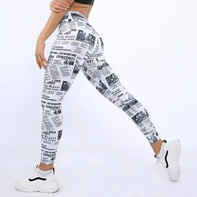 Newspaper print women's yoga leggings for active workout