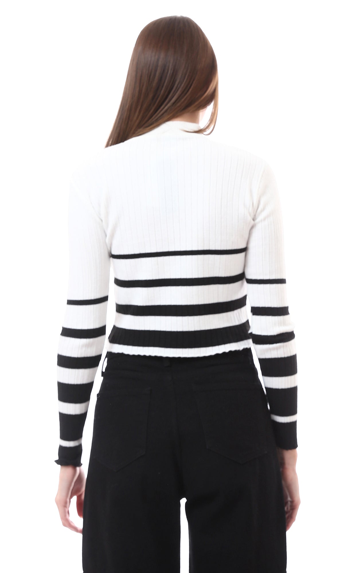 O172555 Black and White Striped Mock Neck Pullover