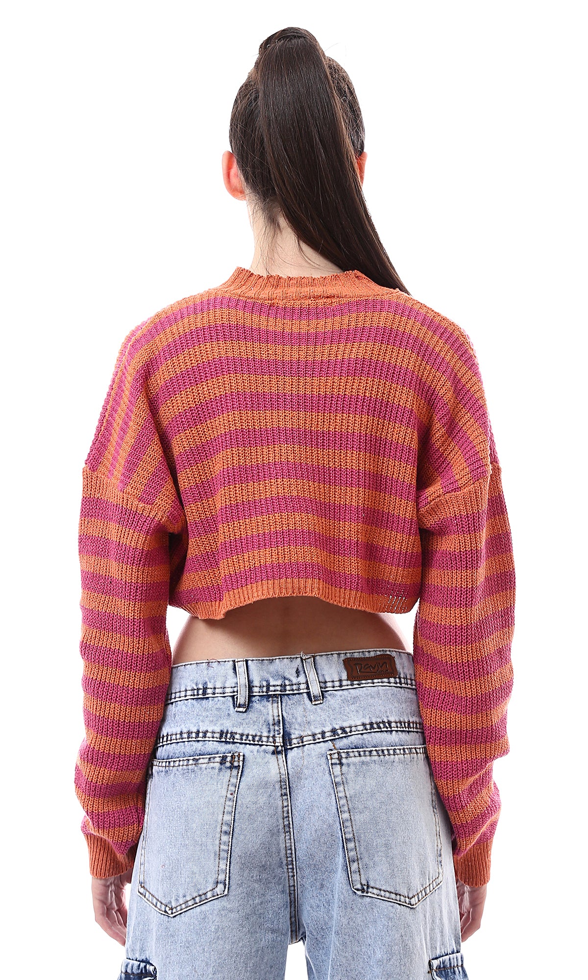 O172579 Striped Cropped Pullover in Fuchsia & Orange