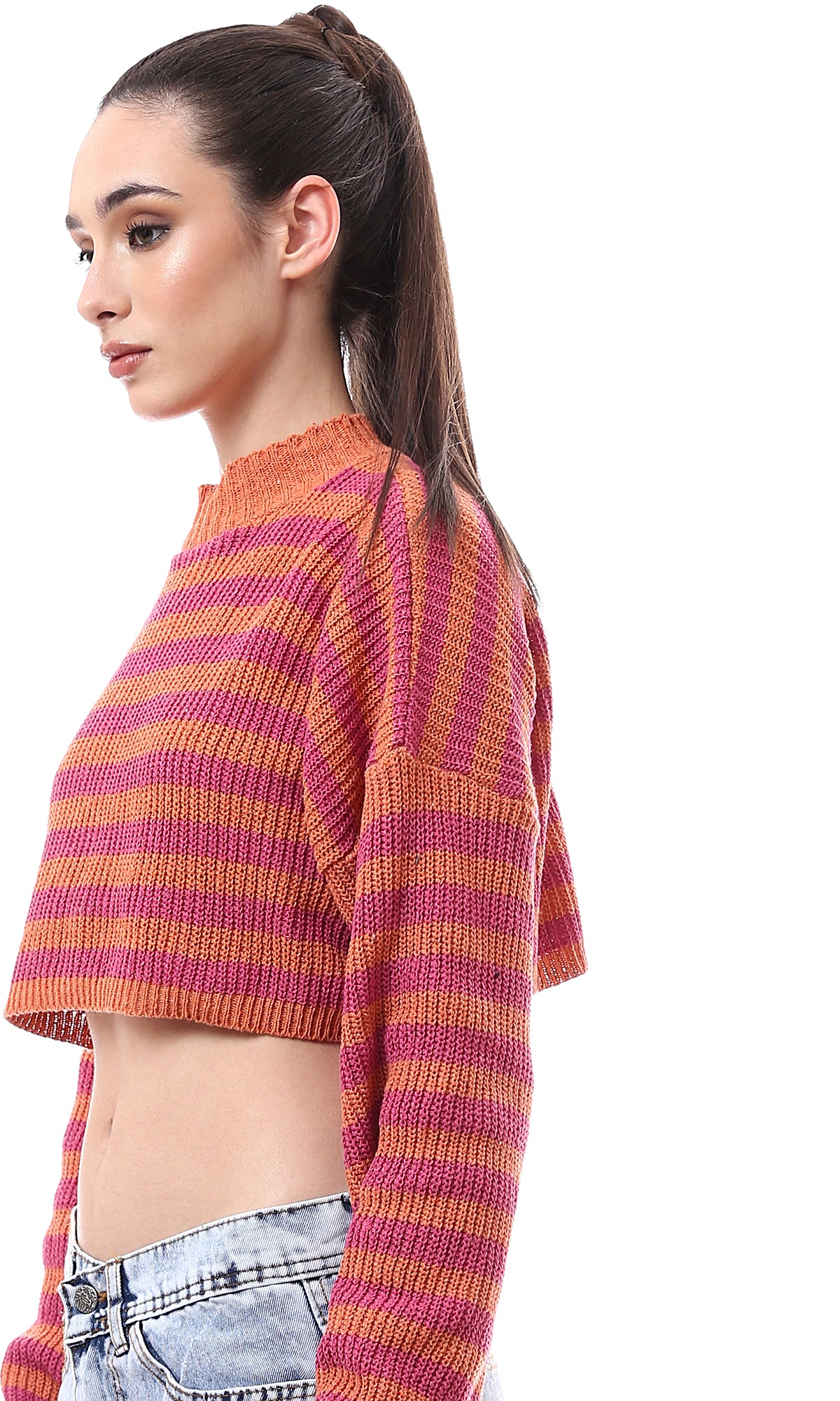 O172579 Striped Cropped Pullover in Fuchsia & Orange