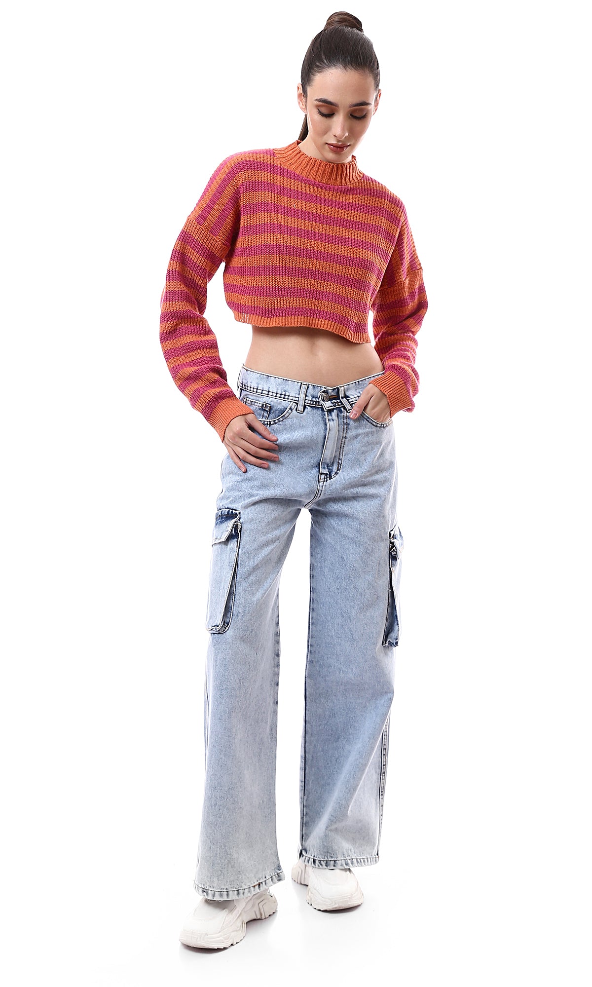 O172579 Striped Cropped Pullover in Fuchsia & Orange