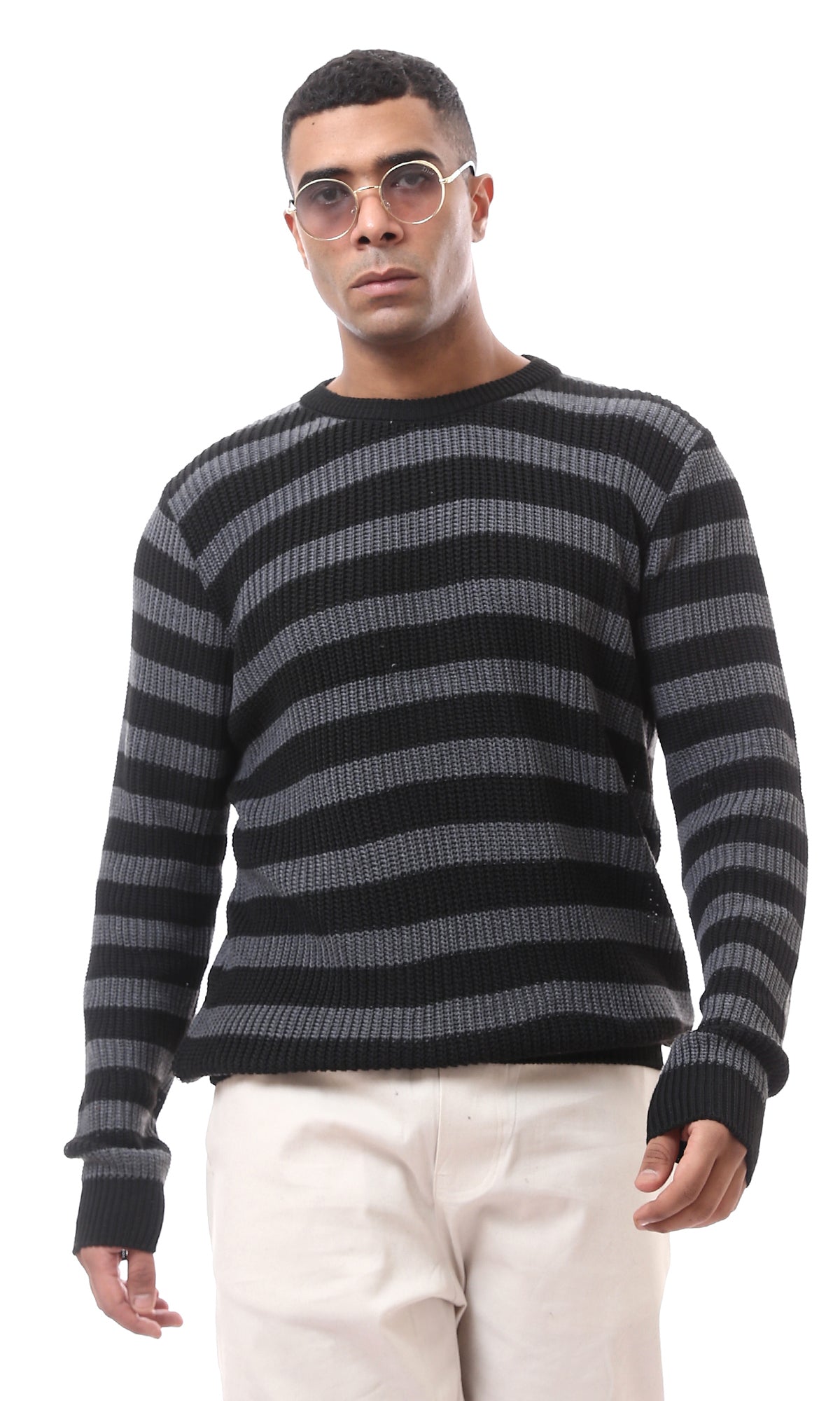 O174773 Striped Dark Grey Black Knitted Pullover