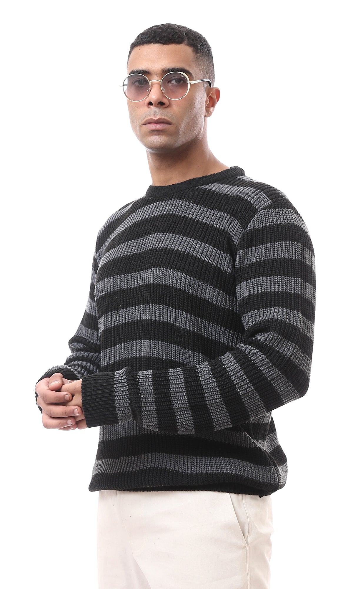 O174773 Striped Dark Grey Black Knitted Pullover