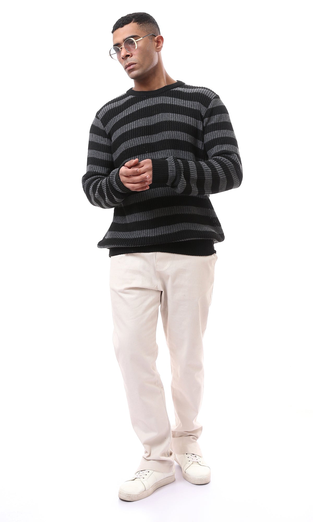 O174773 Striped Dark Grey Black Knitted Pullover