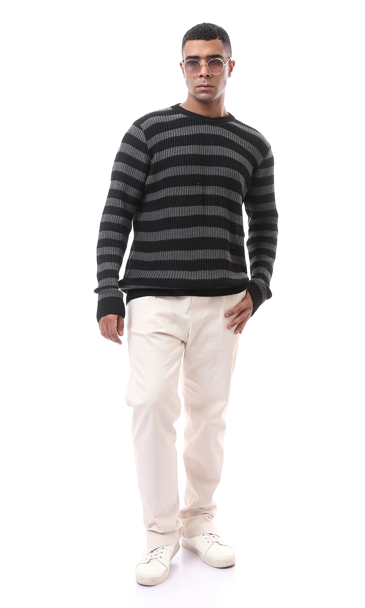 O174773 Striped Dark Grey Black Knitted Pullover