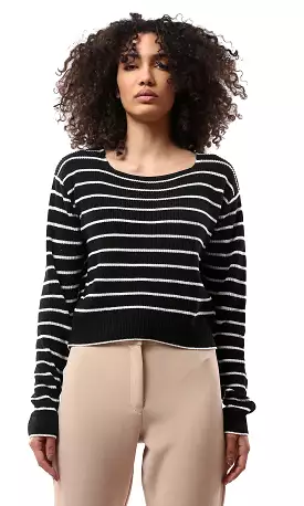 O177860 Boat Neck Striped Black & White Sweater