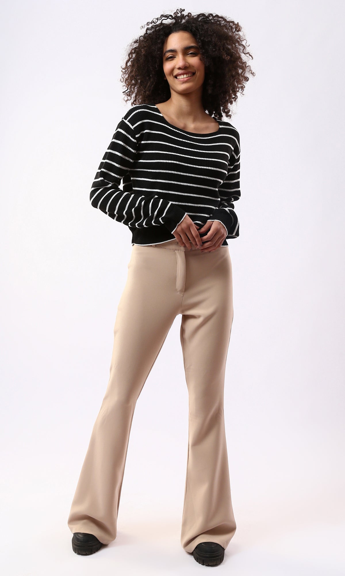 O177860 Boat Neck Striped Black & White Sweater