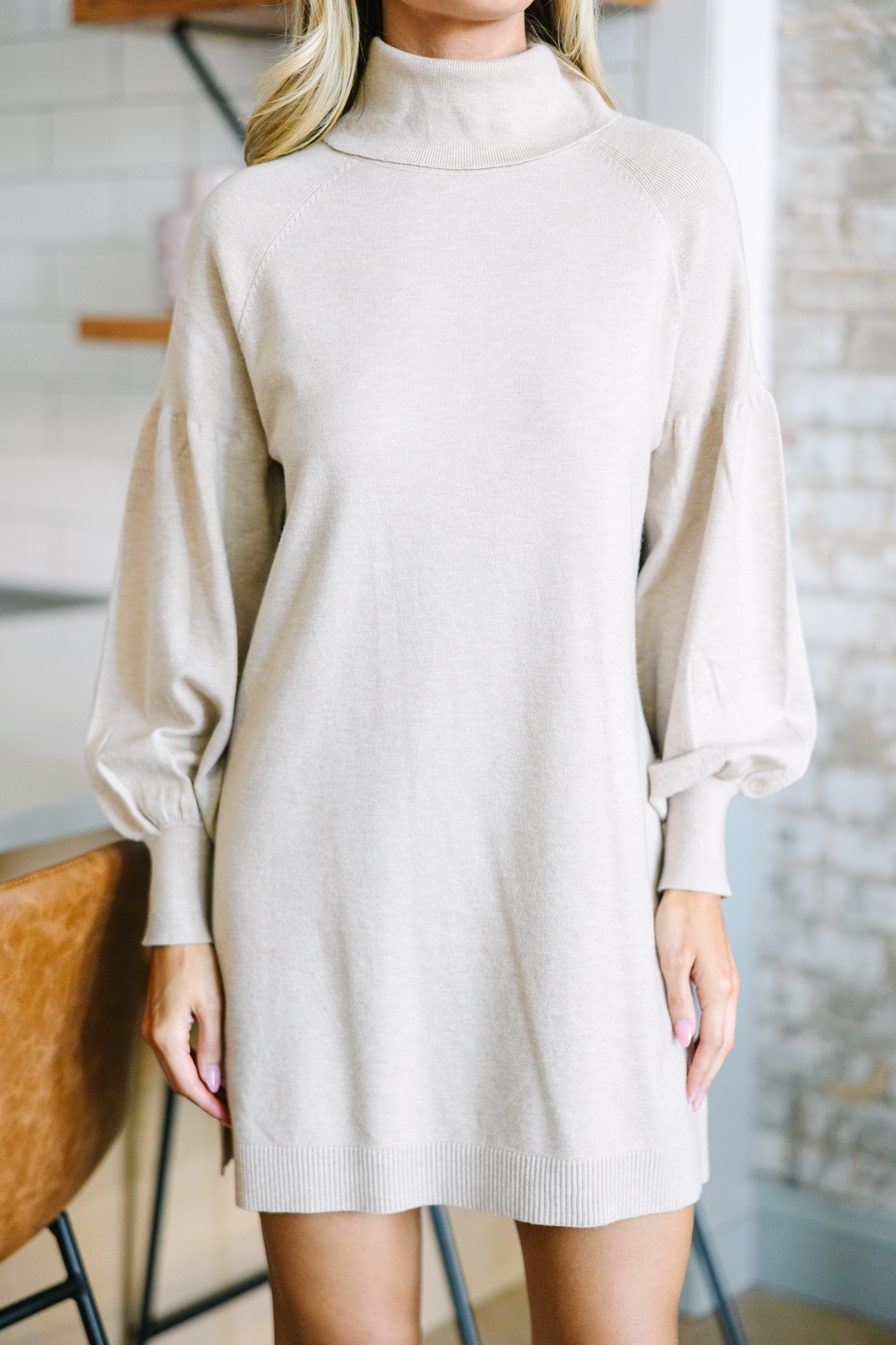 Oatmeal Brown Turtleneck Sweater Dress - Shop Now