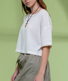 Oatmeal Knit Top with Short Fold Sleeves