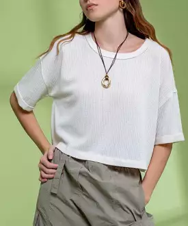 Oatmeal Knit Top with Short Fold Sleeves