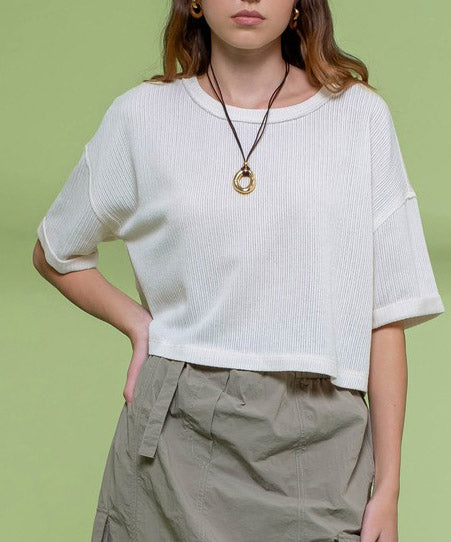 Oatmeal Knit Top with Short Fold Sleeves