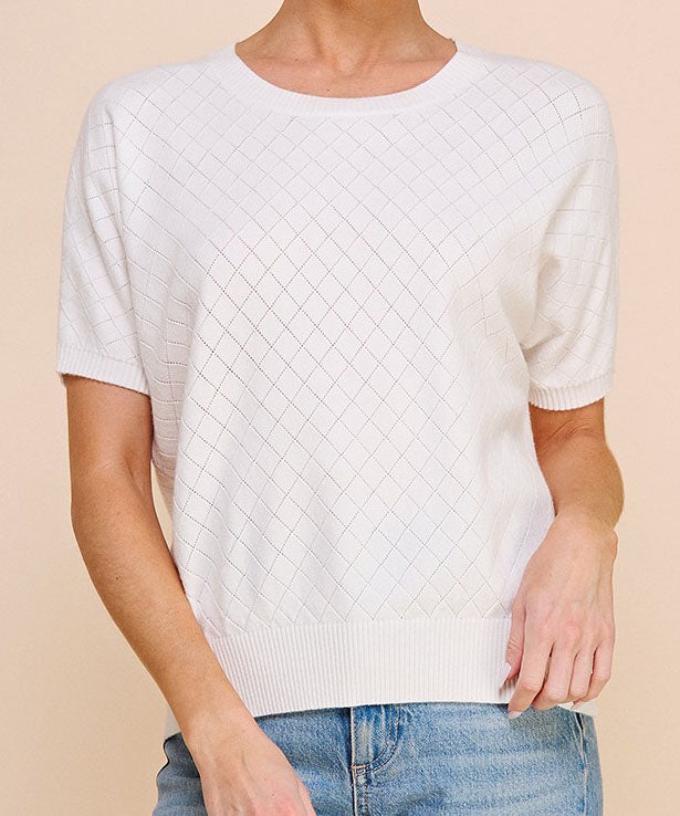 Off White Short Sleeve Pointelle Top - Best Online Deals