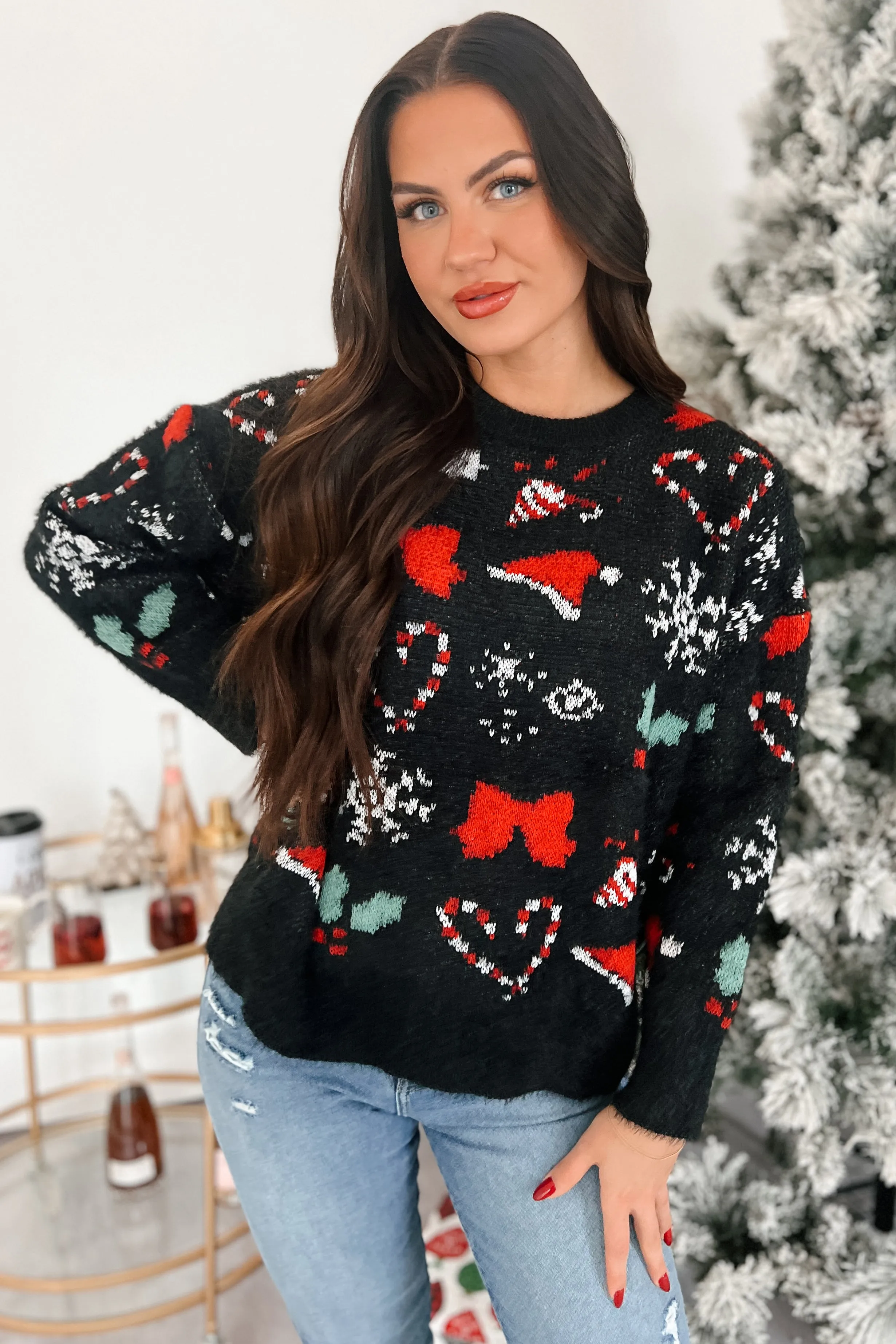 Oversized Holiday Sweater Just Christmas Things Black Multi