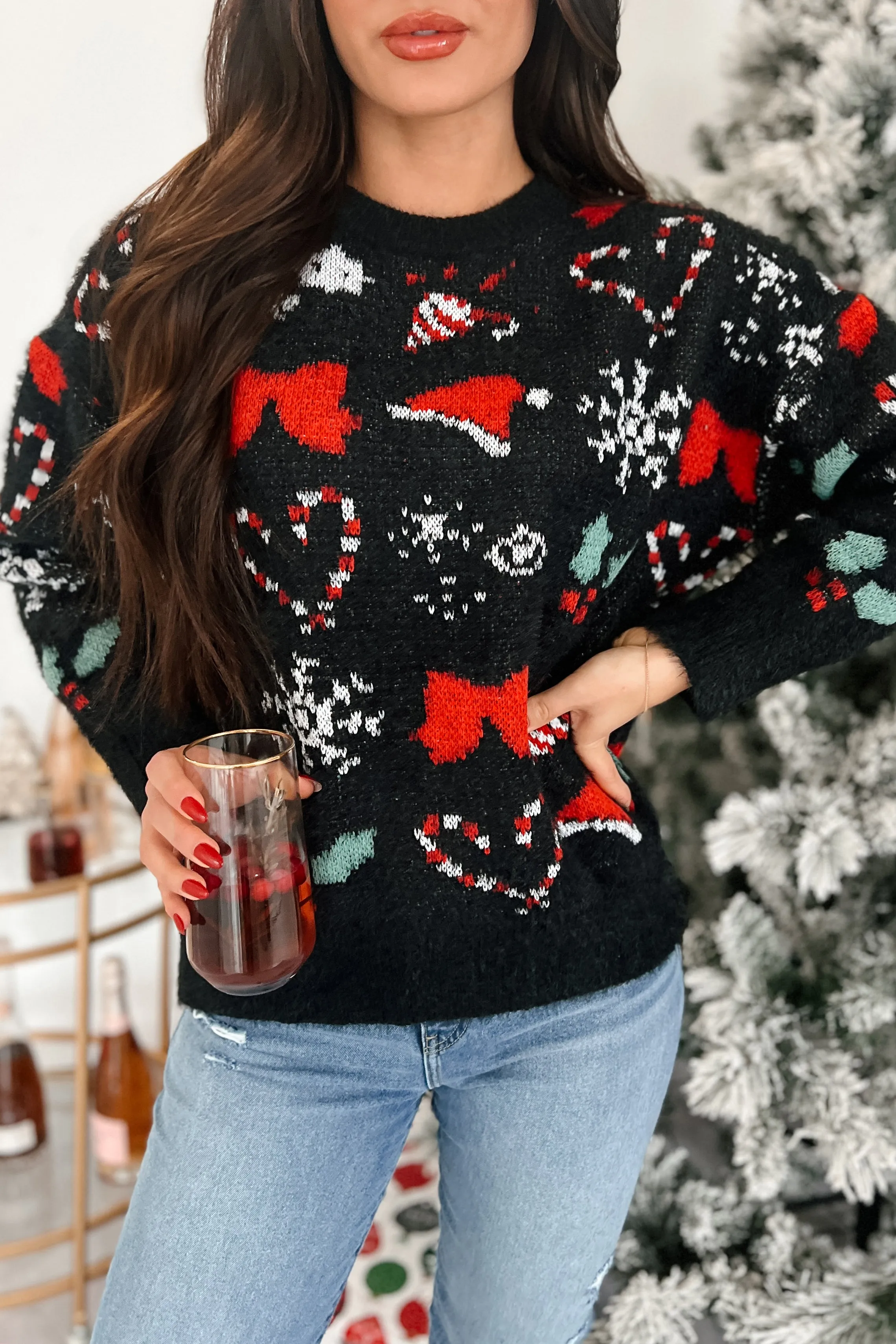 Oversized Holiday Sweater Just Christmas Things Black Multi