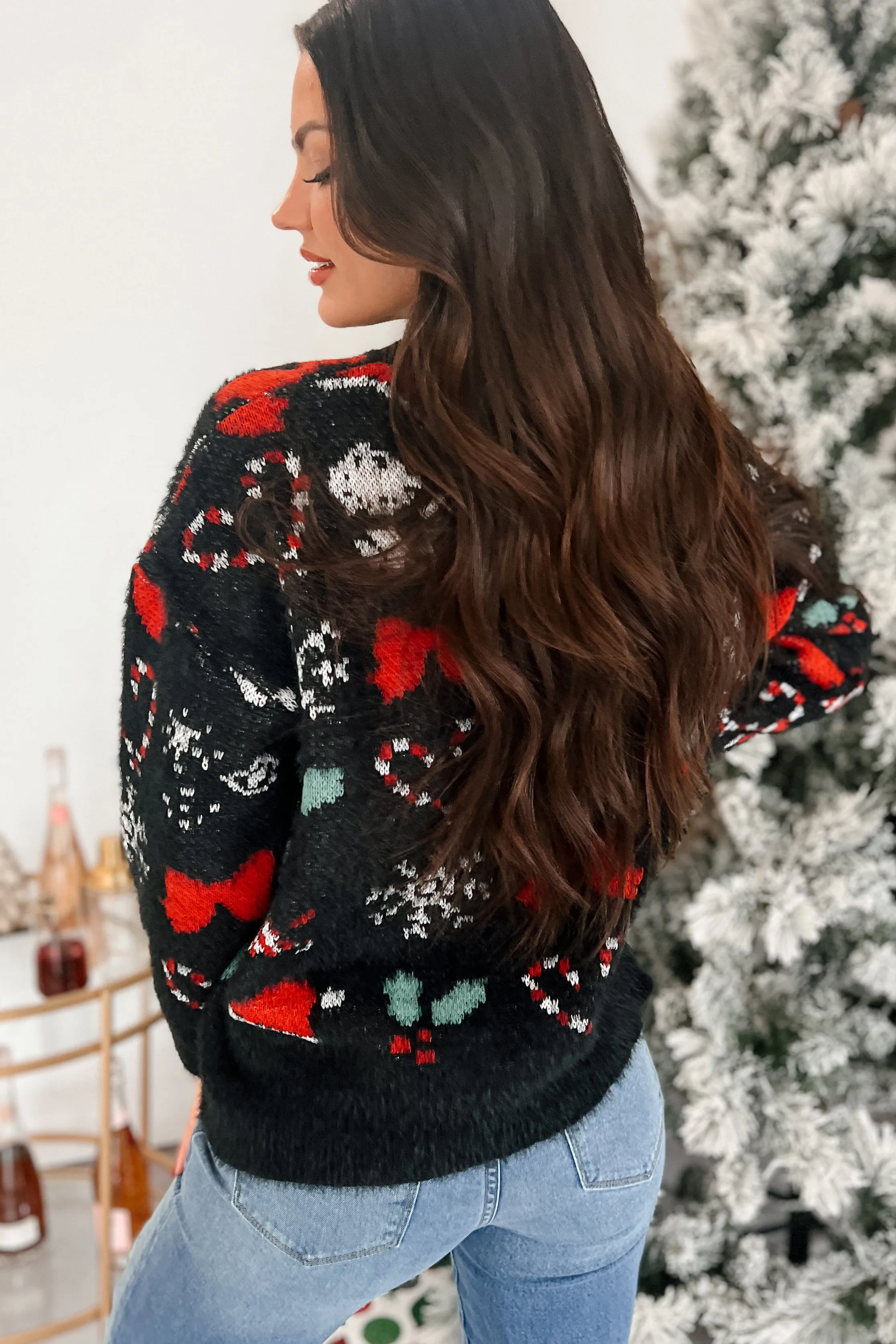 Oversized Holiday Sweater Just Christmas Things Black Multi