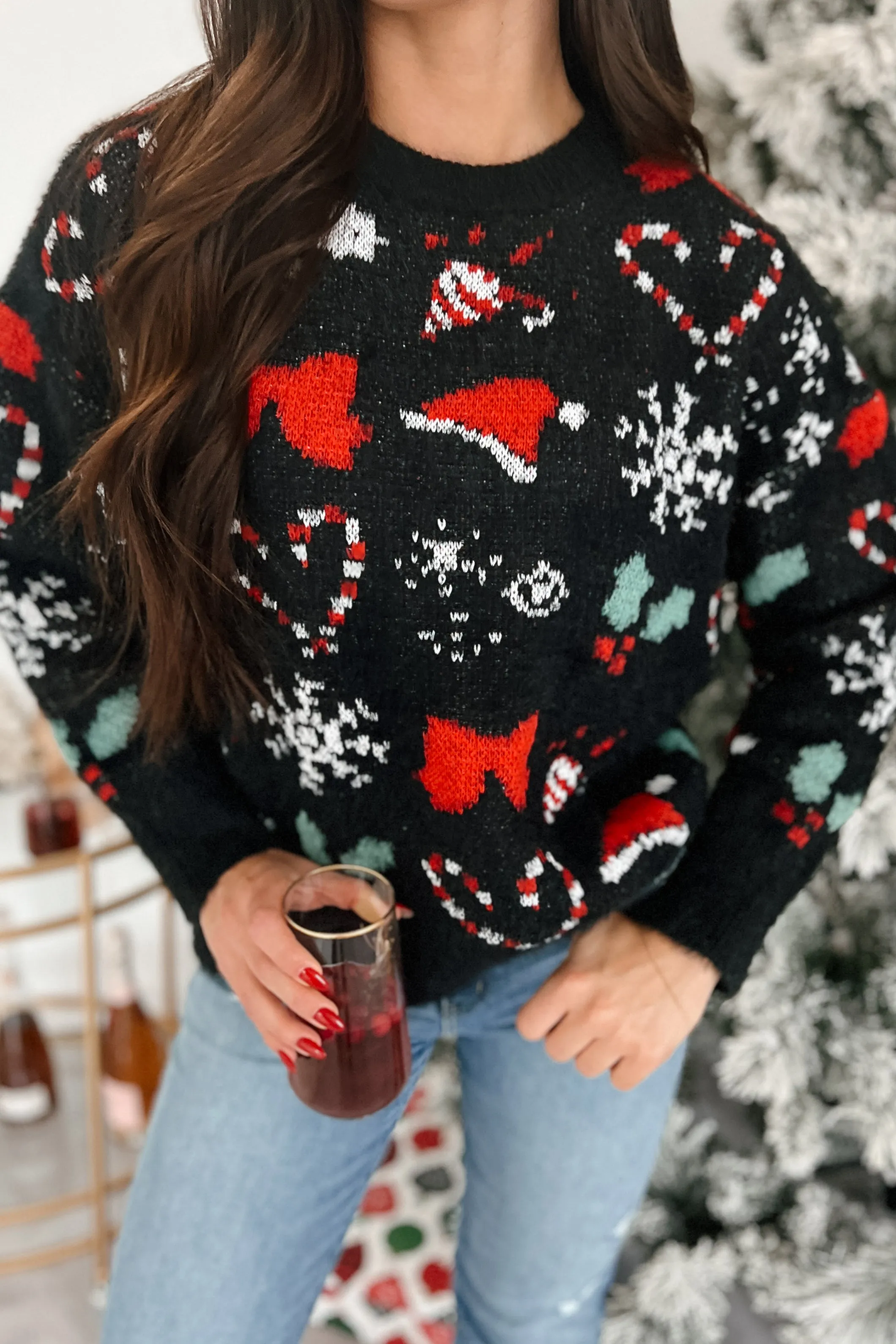 Oversized Holiday Sweater Just Christmas Things Black Multi