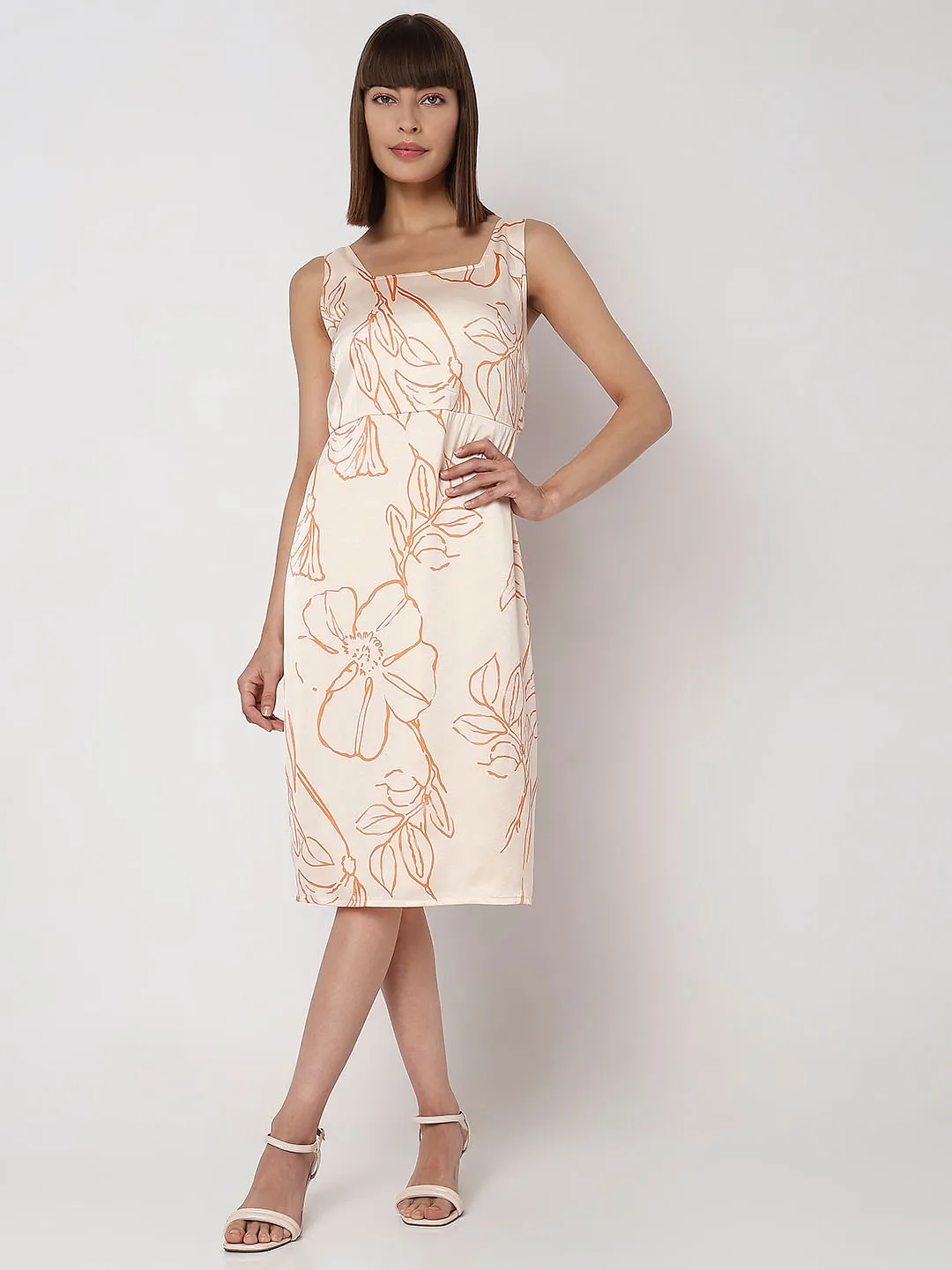 Peach Printed Shift Dress for Women