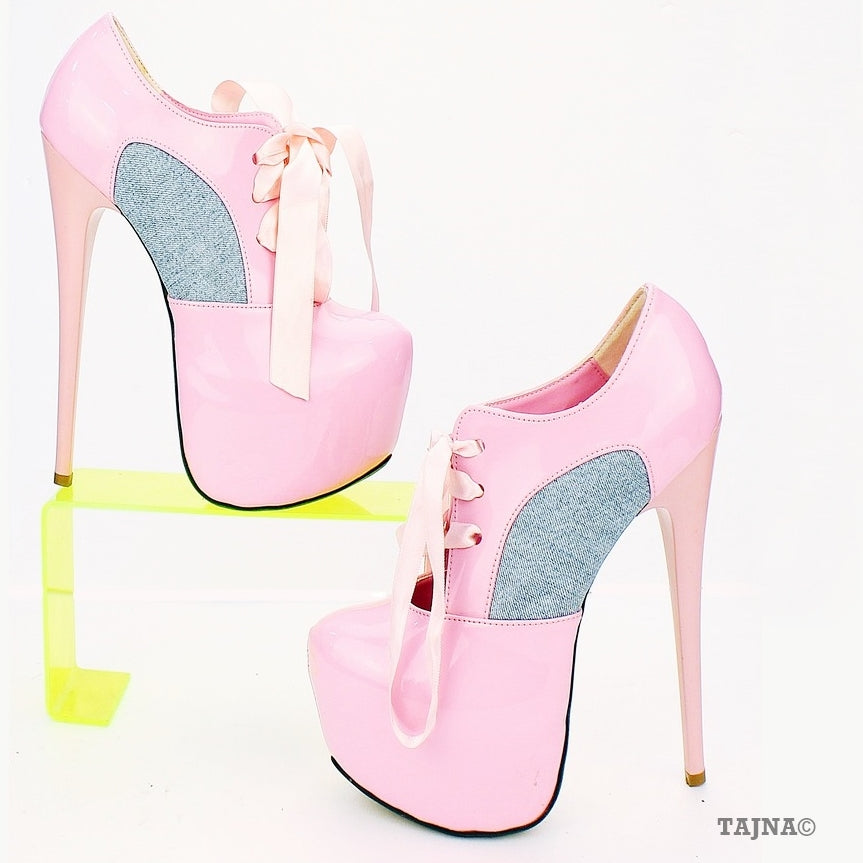 Pink Denim Lace Up Ankle High Heel Booties - Result