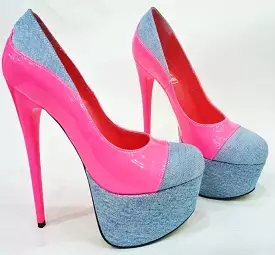 Pink Denim Platform High Heel Pumps