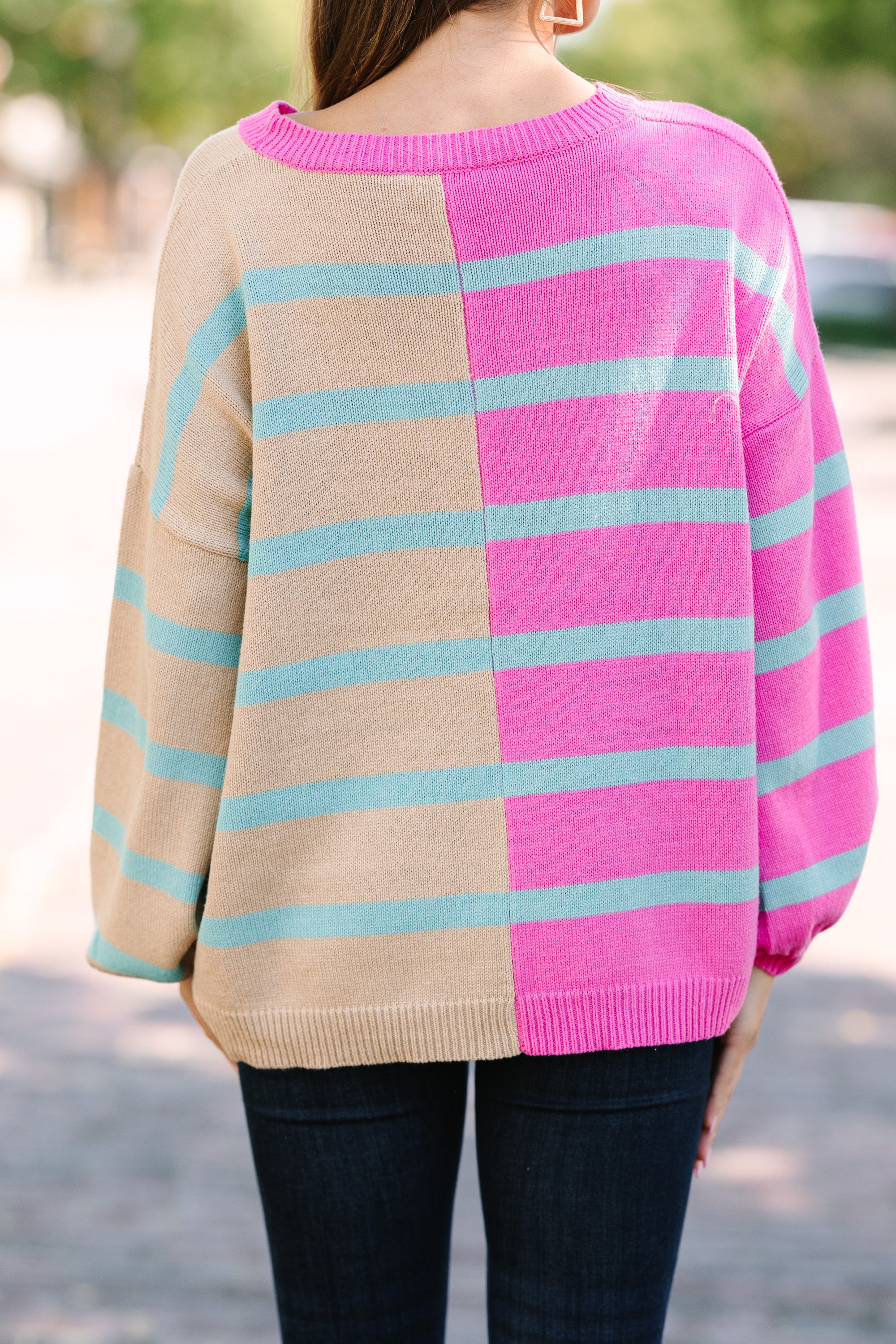 Pink Striped Colorblock Sweater