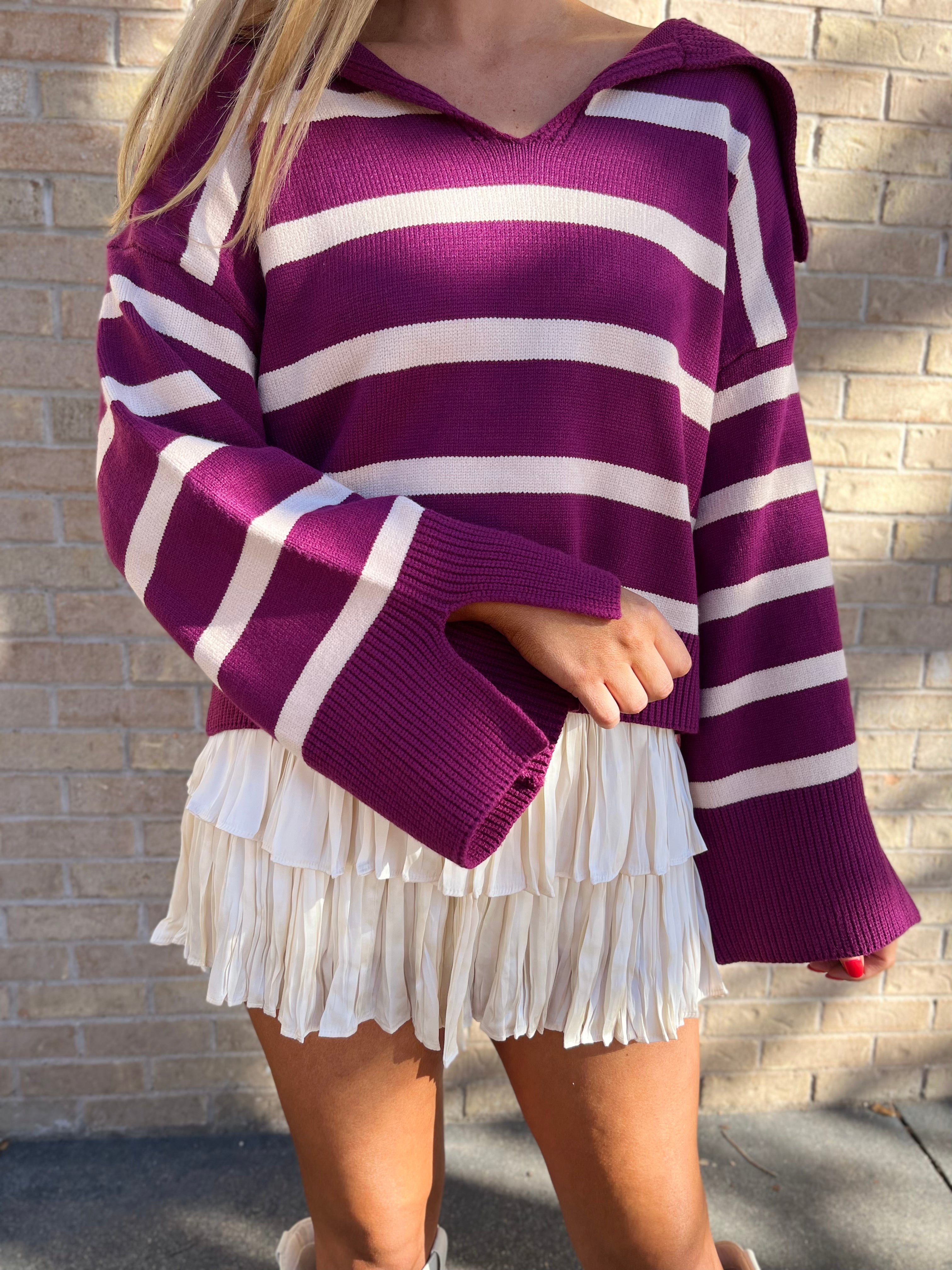 Plum Striped Bell Sleeve Sweater