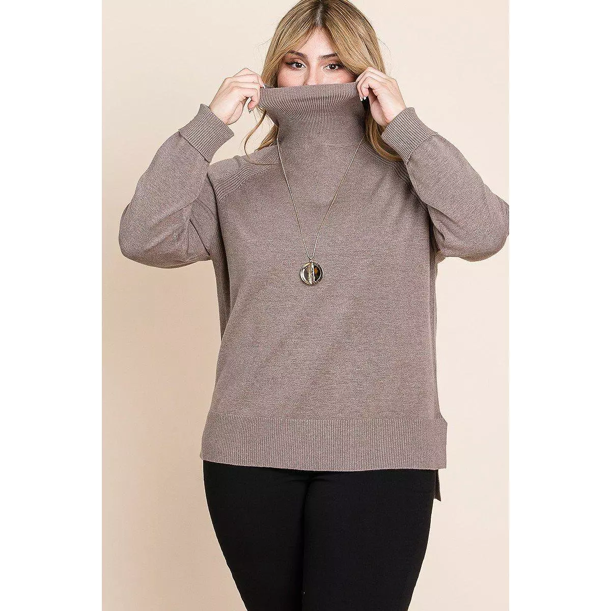 Plus Size Turtleneck Sweater - High Quality, Buttery Soft, Solid Knit, Two Tone, High Low Hem