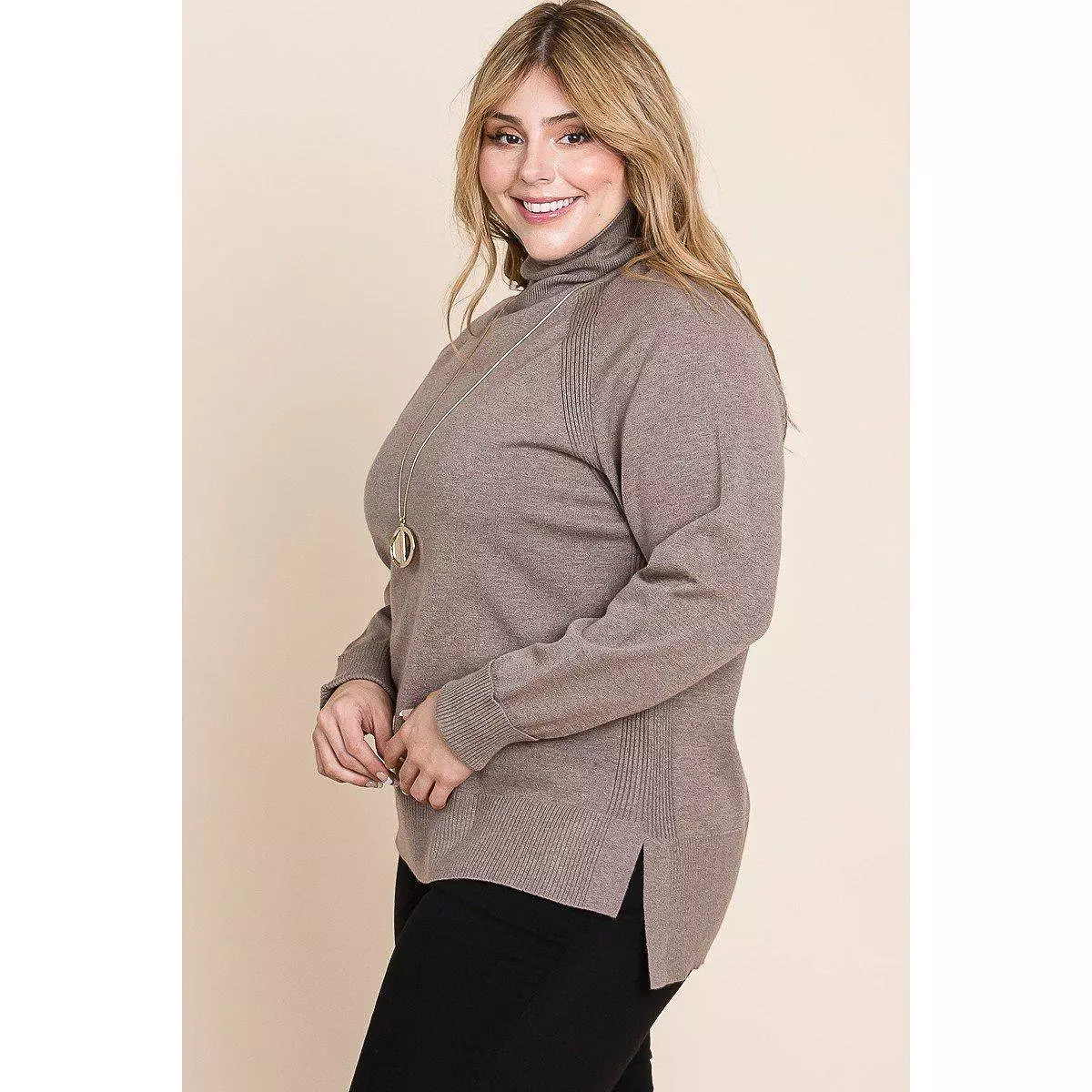 Plus Size Turtleneck Sweater - High Quality, Buttery Soft, Solid Knit, Two Tone, High Low Hem