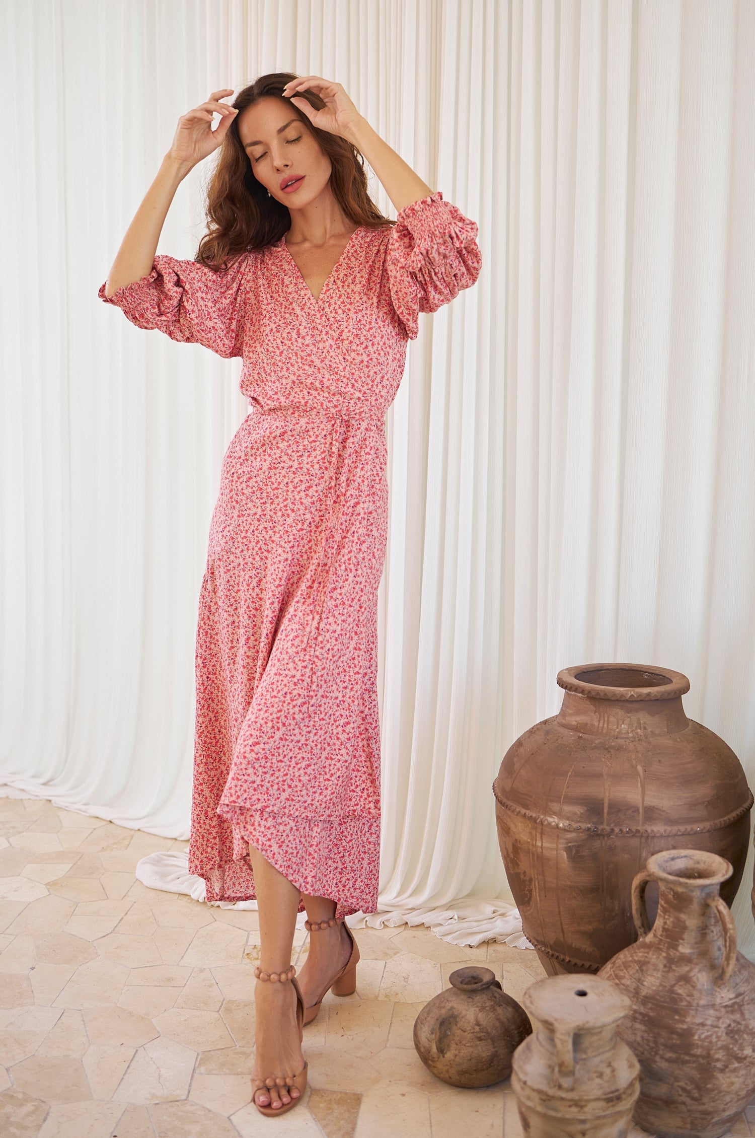 Puff Sleeve Wrap Cotton Dress