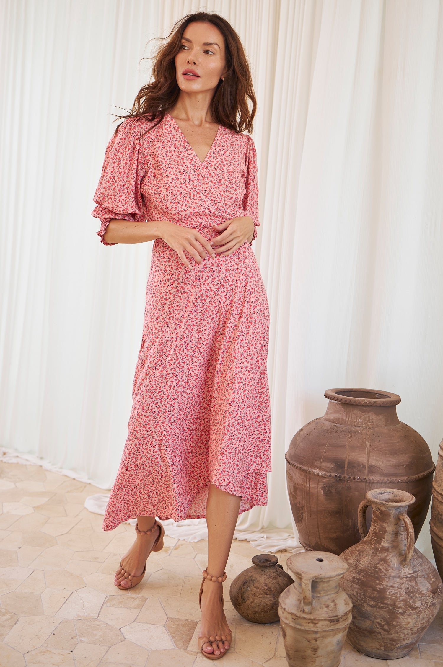 Puff Sleeve Wrap Cotton Dress