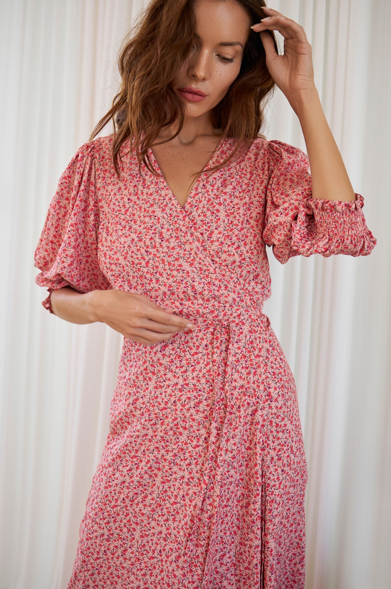 Puff Sleeve Wrap Cotton Dress